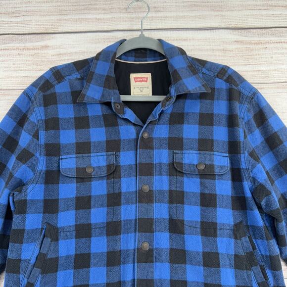 Levi's Lined Flannel Snap Down Shacket Jacket Men's Size Medium Blue/Black - Picture 3 of 15
